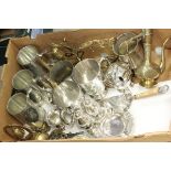 Tray of Silver Plate including Two Walker & Hall Tankards, Cruet Set plus Middle Eastern Brass,