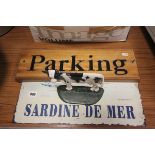 Sardine De Mer Sign, Cast Iron Cow Doorstop plus a Wooden 'Parking' Sign