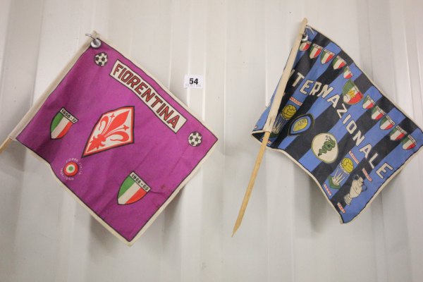 Two vintage Italian football flags including Fiorentina and Inter Milan circa early 1970's