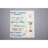 World Cup England 1966 match ticket stub for England v Uruguay played at Wembley 11th July 1966, one