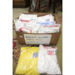 Box of approximately 35 replica England football shirts with various sizes and seasons