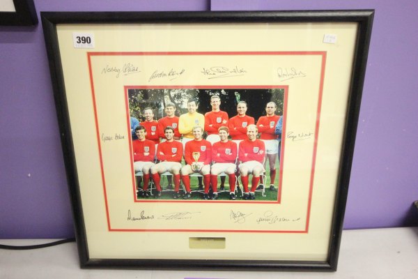Framed & glazed England World Cup 1966 team pictures with 10 autographs in mount, missing Moore