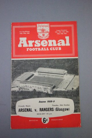 Postponed football programme - Arsenal v Glasgow Rangers 28th October 1958, gd with no writing