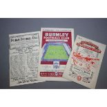 Three Burnley football programmes including away v Liverpool 29th August 1951, home floodlight