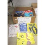 Box of approximately 20 various Foreign and International football shirts including Barcelona (Messi