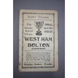 1923 FA Cup Final Pirate football programme West Ham United v Bolton, no writing but tears have