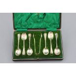 Cased Silver Walker & Hall Six Teaspoons and Sugar Nip Set, Sheffield 1909
