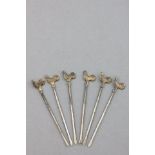 Set of Six Sterling Silver Stick Pins with Cockerel Finials