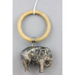 Silver Baby's Rattle in the form of an Elephant (inscribed 'Una') with Teething Ring, Birmingham