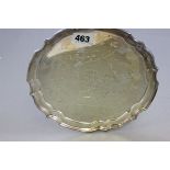 Small Silver Circular Presentation Tray with scalloped edge, engraved, Sheffield 1960