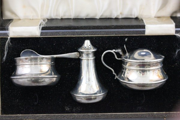 Cased Silver Three Piece Condiment Set comprising Salt with Blue Glass Liner, Mustard with Blue