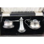 Cased Silver Three Piece Condiment Set comprising Salt with Blue Glass Liner, Mustard with Blue