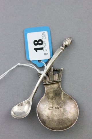 Silver Caddy Spoon with handle in the form of a Crown, London 1935 together with a Silver Salt