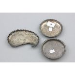 Continental White Metal Pin Tray with Embossed Figural Decoration together with a Pair of Silver