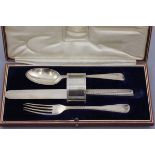 Cased Cutlery Set comprising Spoon, Fork, Knife and Napkin Ring, London 1931, Goldsmith &