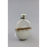 Victorian Oval Glass Hip Flask with detachable Silver Cup and Silver Hinged Lid, Birmingham 1873