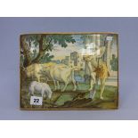 Italian Maiolica Tile depicting a Man digging with Sheep and Cattle