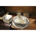 Silver Plated Items including Salt Box, Salver, Pair Coasters, Swing Handled Bowl and another Bowl