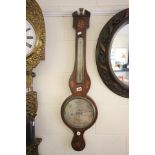 19th century Mahogany Wheel Barometer / Thermometer inlaid with flowers and shells, the silvered