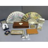 Two Compacts, Pigskin Cigarette Case, Mahogany Box with Two Fans, Two Boxed Wristwatches and Various