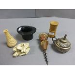 Group of Small Collectables including Boxwood Dice Thrower, Novelty Corkscrew, Erotic Oriental