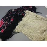 Early 20th centuy Black Shawl embroidered with flowers together with a Metal Embellished White