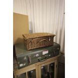 Three Vintage Suitcases and a Wicker Picnic Basket