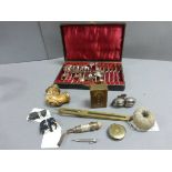 Cased Set of Twelve Tea Spoons and Sugar Tongs, Six Silver Plated Serving Salts, Brass Measure,