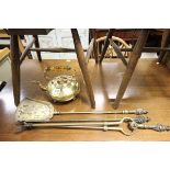 Brass Three Piece Companion Set together with a Brass Kettle