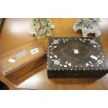 Wooden Mother of Pearl Inlaid Box and Mahogany Box with Silver Plaque