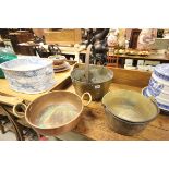 Two Brass Jam Pans with Iron Handles and a Copper Pan