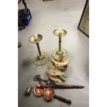 Pair of Indian Brass Candlesticks, Old Keys, Horn Swan Bowl and Other Metalware