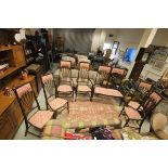 Art Nouveau Mahogany Salon Suite comprising Two Seater Settee, Two Carver Chairs and Four Single