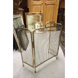 Brass Folding Mesh Fire Guard, Coal Basket and a Brass Fireside Companion Set