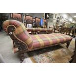 Edwardian Chaise-Lounge, re-upholstered in Tartan Fabric