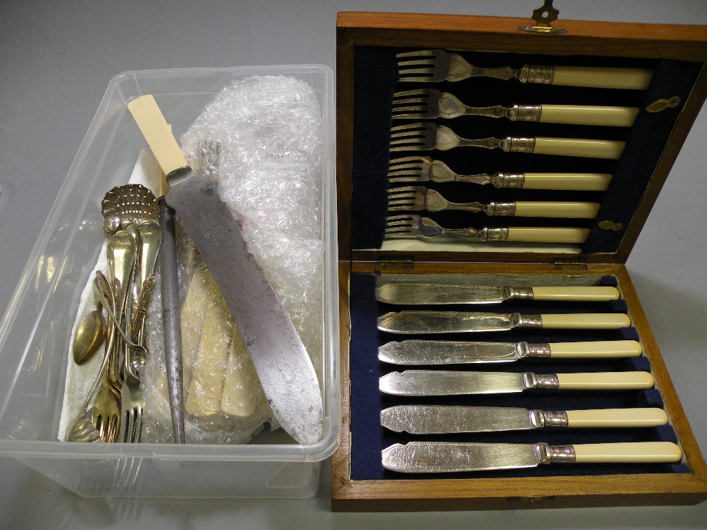 Group of Flatware,  silver plated and bone handled including a Carving Knife and Fork