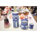 Three Items of Wedgwood Jasperware and a Small Glass Oil Burner