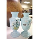 Pair of Early 20th century Pale Blue Glass Vases overpainted with Flowers