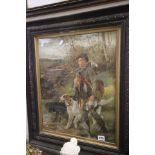 Oak and Gilt Framed Lithograph of Boy carrying Game with Dogs