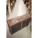 Vintage Wooden Bound Travelling Trunk together with a quantity of old newspapers