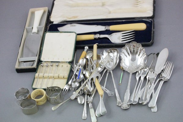 Cased Two Piece Carving Set with Silver Bands together with Various Silver Plated Flatware, etc