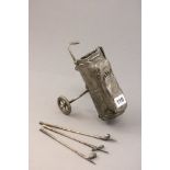 Silver Plated Golf Trolley with Three Golf Club Sticks