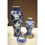 Two Antique (c1860- 1900) Chinese Prunus Blossom Blue and White Baluster Vases, one with four