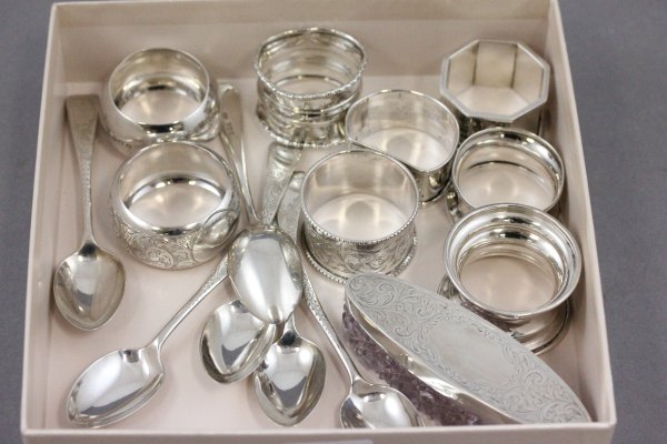 Silver Lidded Dressing Jar, Eight Silver Napkin Rings and a Set of Six Silver Teaspoons