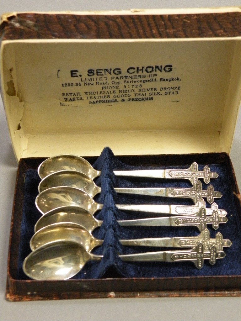 Cased Set of Six Sterling Silver Teaspoons, made for The Grantham Hospital, Staff Assn., Bangkok