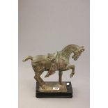 Cast Metal Tang Dynasty Style Horse on Wooden Plinth