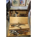 Old Pine Tool Box with Various Tools including Brace, Hand Drill, etc