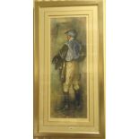 Large Framed and Glazed Print of a Jockey dressed in blue colours and carrying a saddle, signed