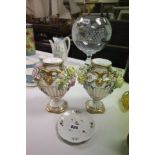 Pair of Continental Floral Encrusted Twin Handled Vases and a similar small dish