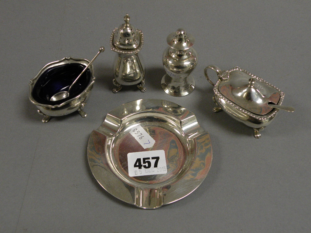 Silver Ashtray, Chester 1931, Walker & Hall Silver Salt with Blue Glass Liner, Matched Silver Pepper